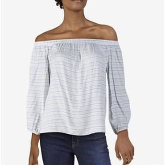 223 CeCe  Cece's Monet Blue Haze Striped Off Shoulder Boho Top BLUE sz XS new - Picture 1 of 1